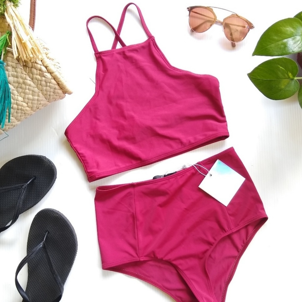 MISSGUIDED Magenta halter top & high waisted bikini Swimsuit Size 4/6